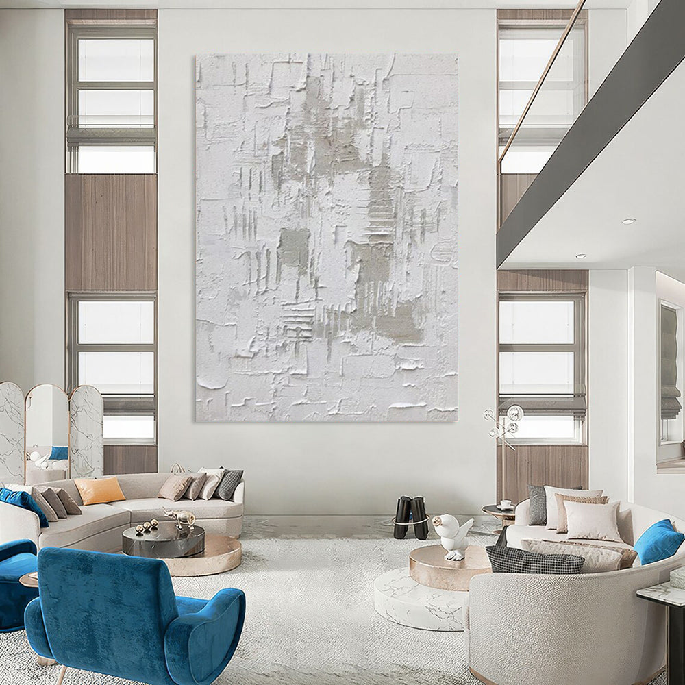 “White Textured Minimalism” - Monochromatic, Textured Abstract Painting On Canvas PT1063