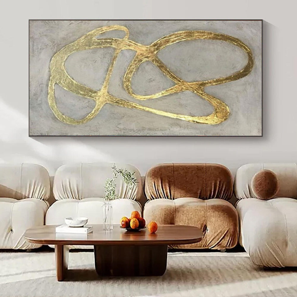 Gray with Intertwined Gold Lines "Golden Entanglement" Opulent Abstract Painting On Canvas PS1098