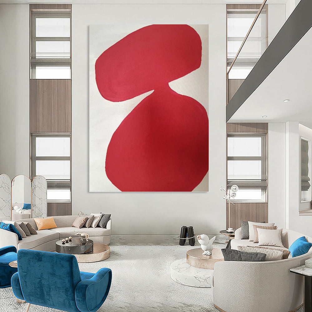 “Crimson Curved Forms on White” - Fluid Shapes Abstract Painting On Canvas PT1079