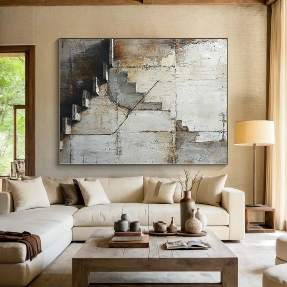 “Grey - Brown Abstract Industrial Stairs” - Realistic Abstract Painting On Canvas PS0339