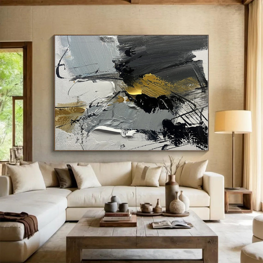 Charcoal, Gray, Gold, White Opulent Chaos “Gilded Storm” - Painting On Canvas PS0792