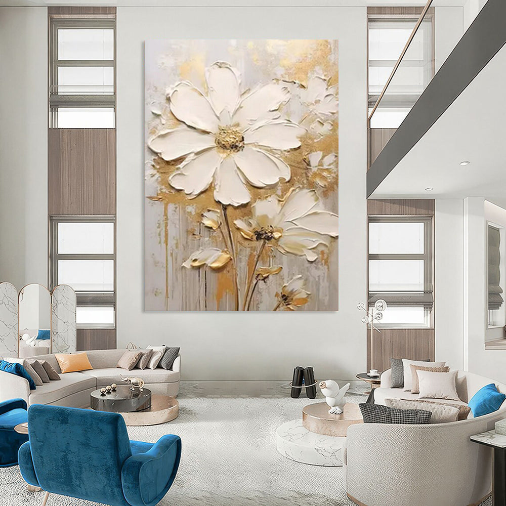“White - Gold Floral Impasto” - Impressionist - Inspired Floral Painting On Canvas PT1395