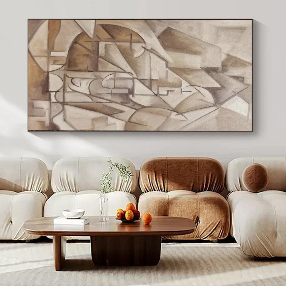 Brown, Beige with Cubist Forms "Abstract Village" Abstract Painting On Canvas PS1456