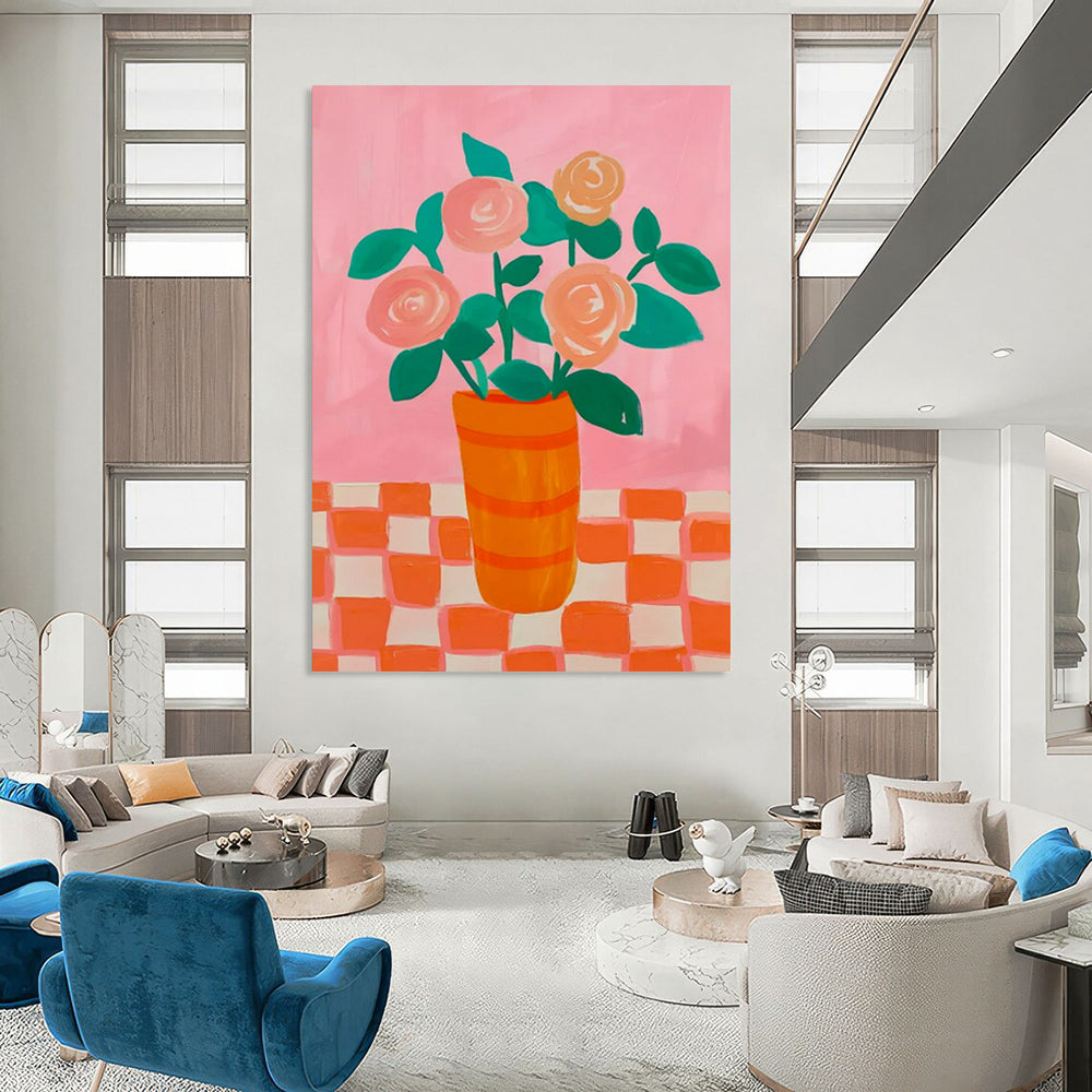 “Pink and Orange Floral Still - Life” - Pop Art - Inspired Painting On Canvas PT2258