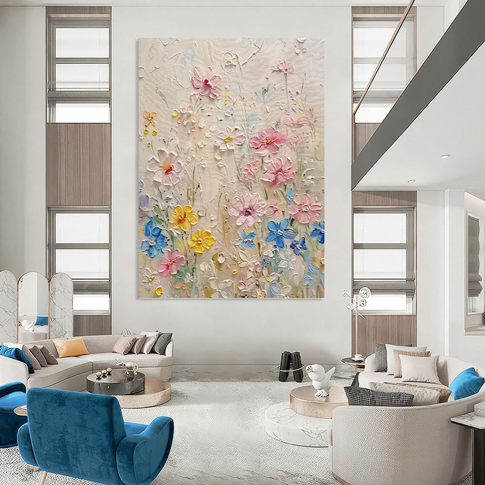 “Textured Colorful Flower Field” - Impasto Botanical Painting On Canvas PT1000