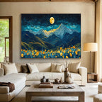 “Moonlit Mountain Blooms” - Blue, Yellow & Gold Landscape, Night Sky Oil Painting On Canvas DKS694