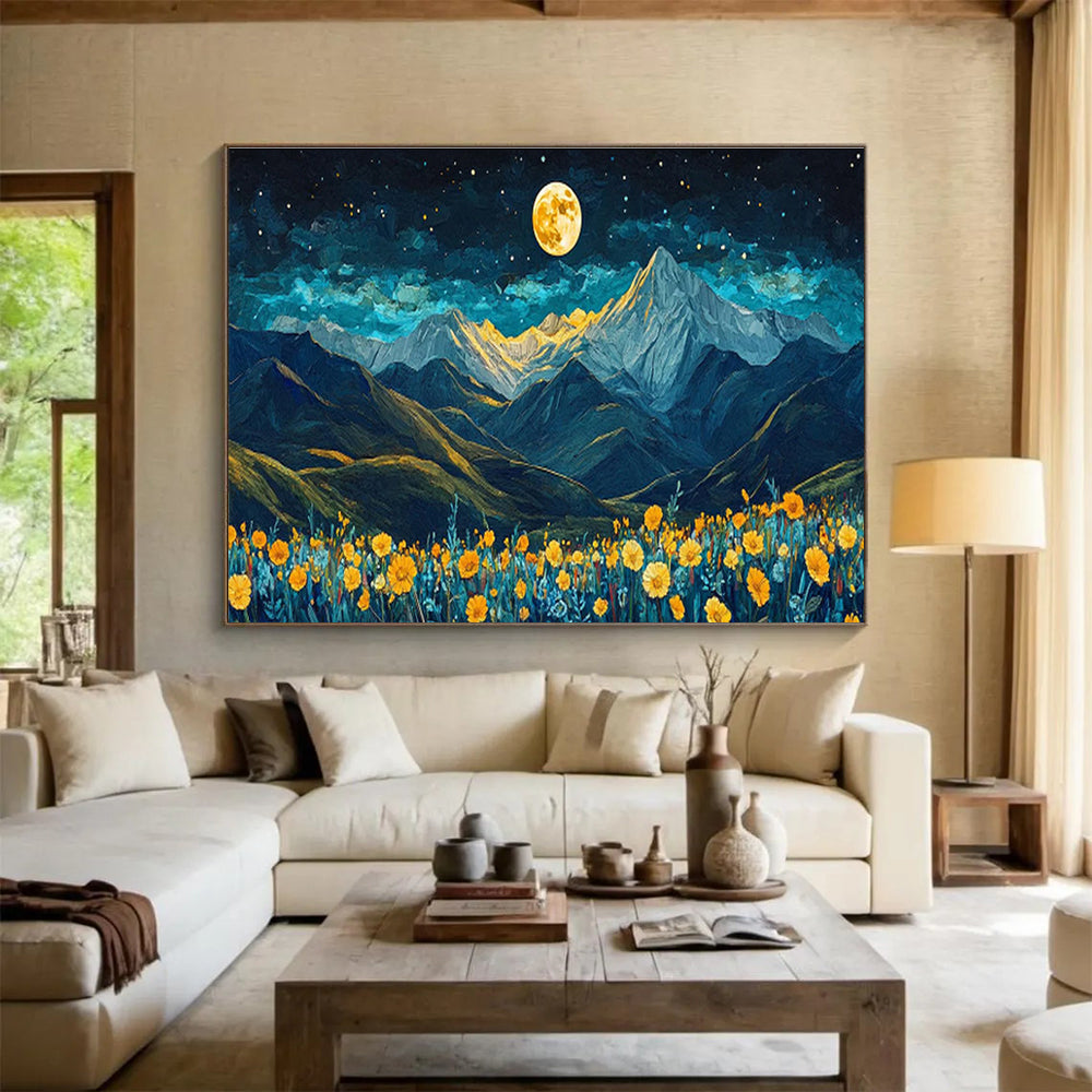 “Moonlit Mountain Blooms” - Blue, Yellow & Gold Landscape, Night Sky Oil Painting On Canvas DKS694