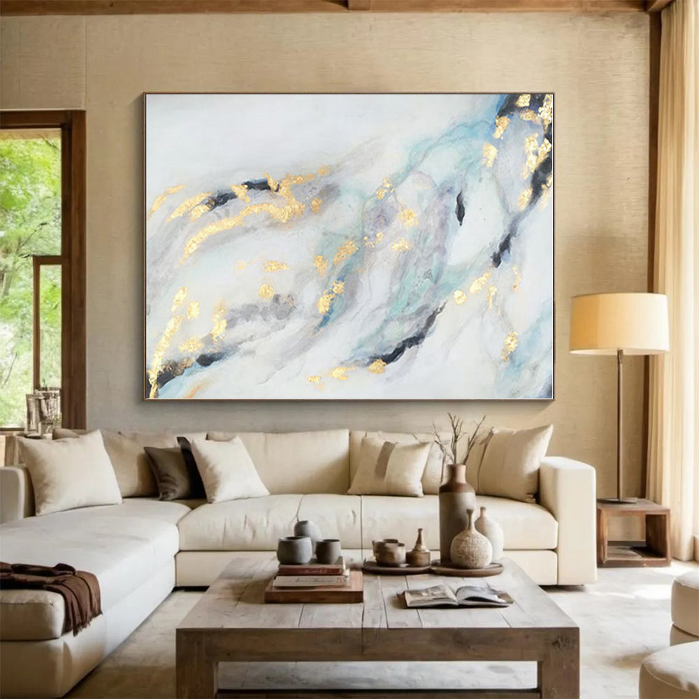 “Blue, Gray & Gold Flowing Shapes” - Abstract Painting On Canvas PS0428