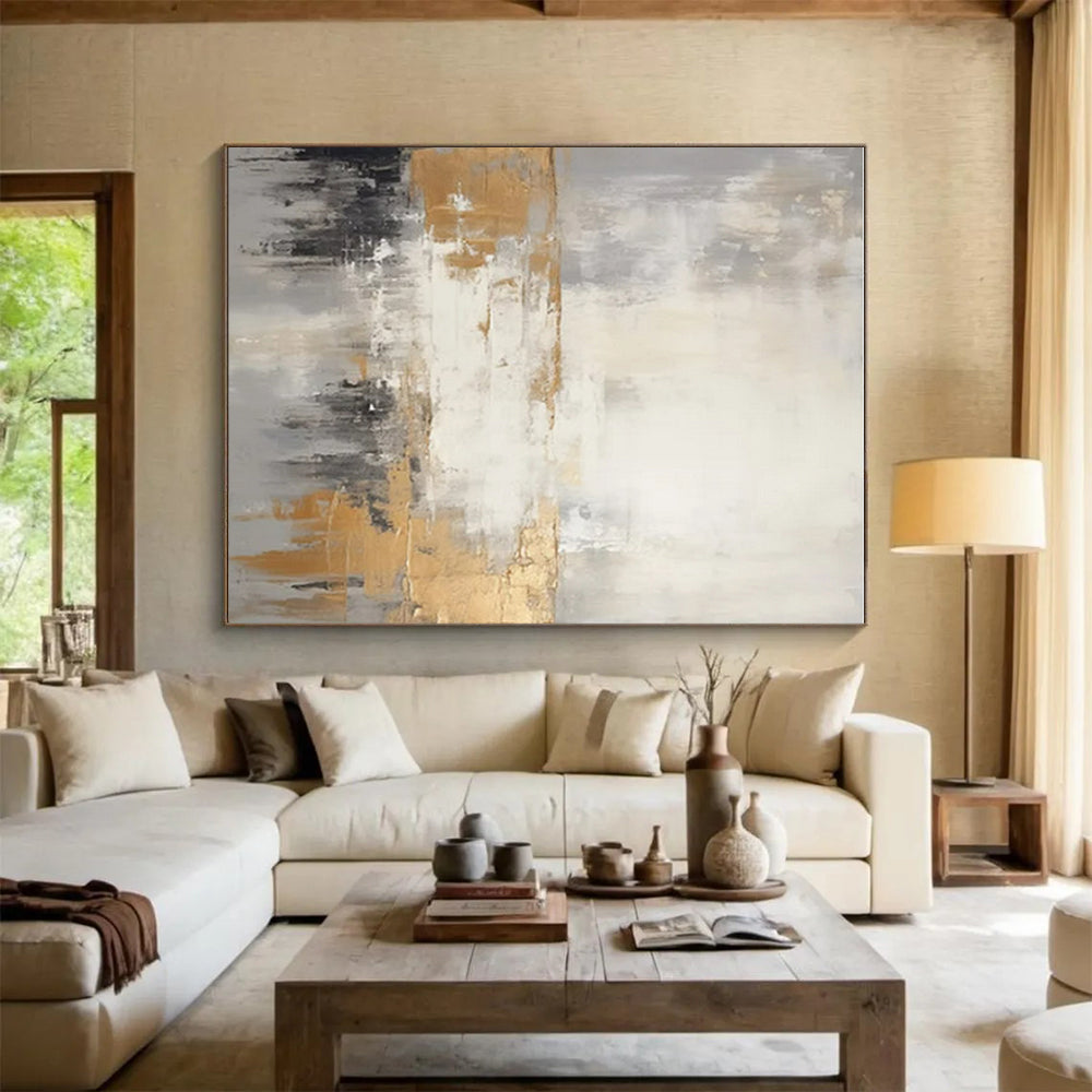 Gray, White & Gold Abstract Horizon "Ethereal Dusk" Painting On Canvas PS0855