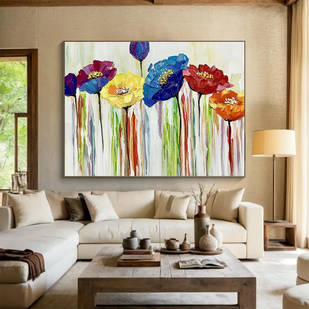 “Colorful Impasto Flowers” - Purple, Blue & Yellow Floral, Impasto Oil Painting On Canvas DKS783
