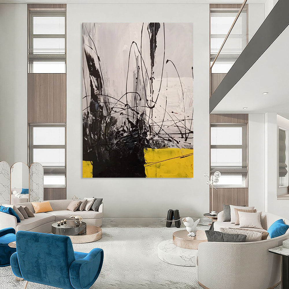 Black - White - Yellow Dynamic Lines Abstract Expressionist Painting On Canvas DS053