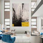 Black - White - Yellow Dynamic Lines Abstract Expressionist Painting On Canvas DS053