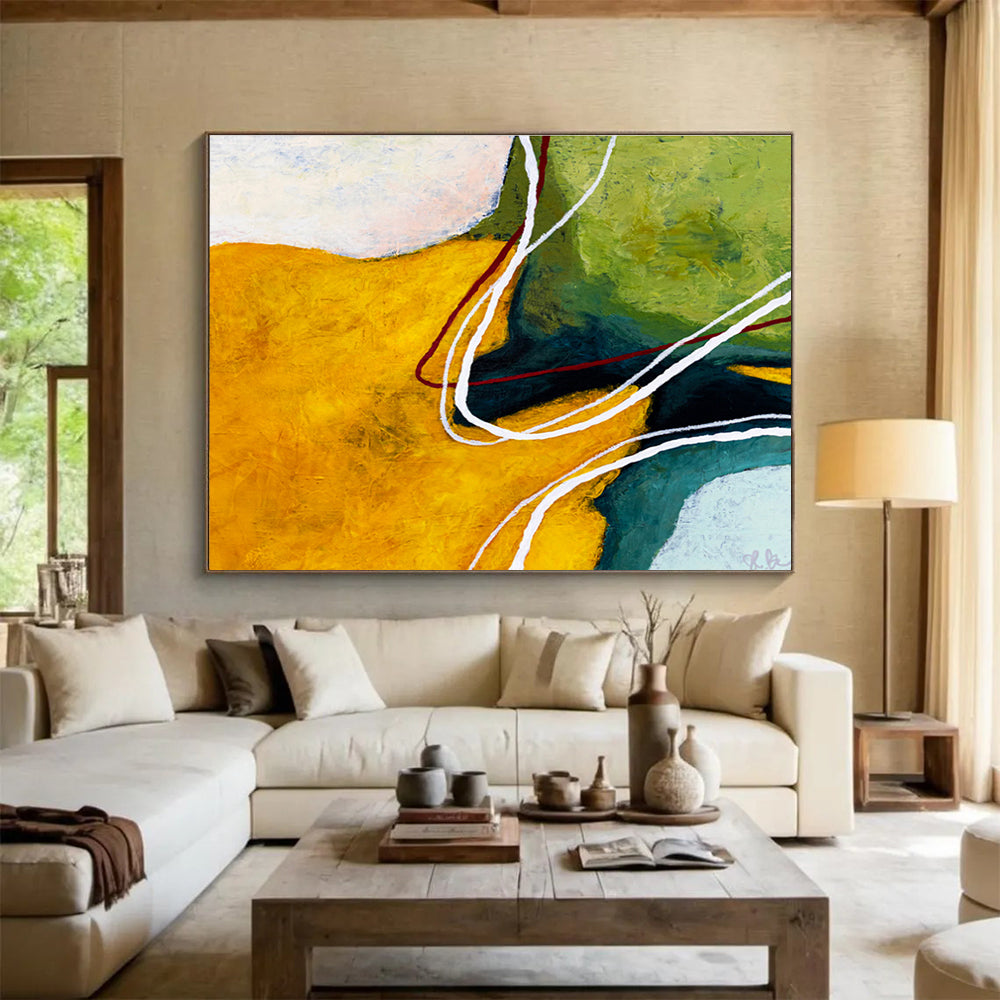 “Yellow, Green And Curved Lines Abstract” - Abstract Painting On Canvas DKS551
