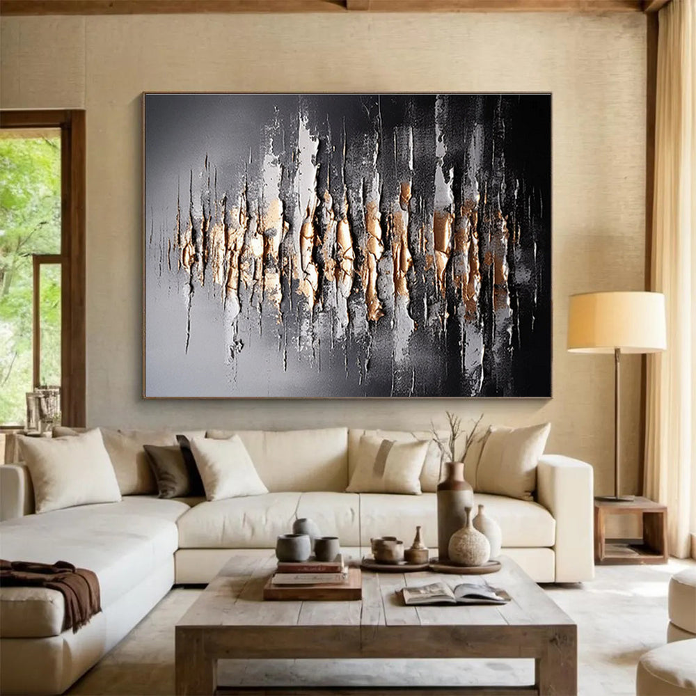 Black, Silver & Gold Textured Abstract Painting On Canvas DKS041