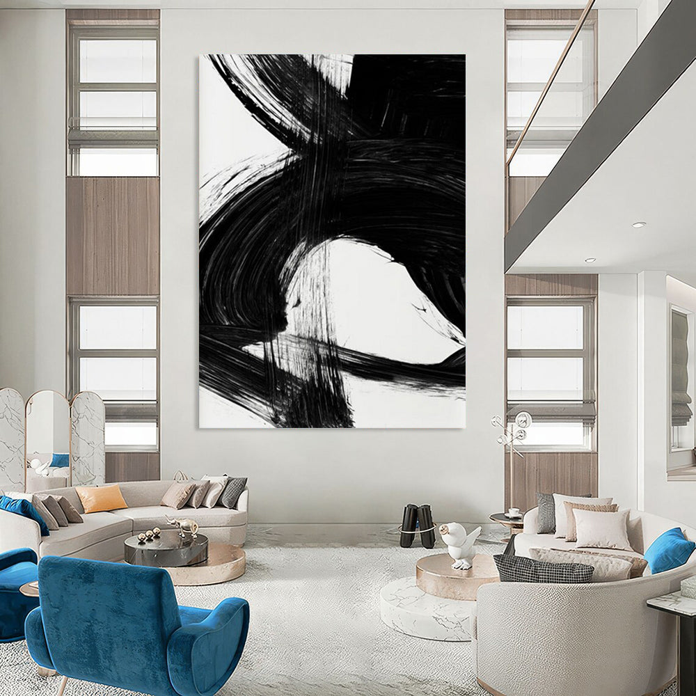 “Swirling Black Ink” - Intricate, Curved Strokes on White Canvas Painting On Canvas DS196