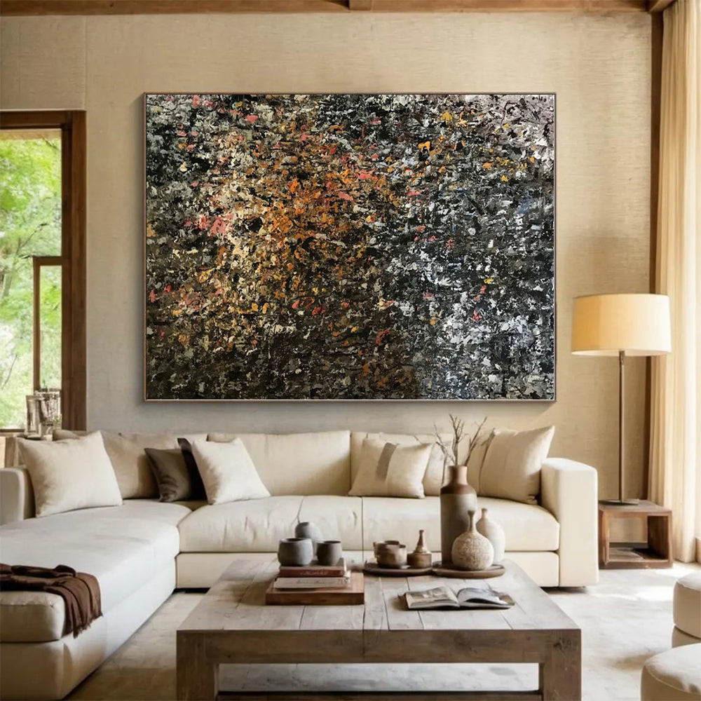 “Dark - Hued Textured Abstract” - Black, Orange, Pink Abstract Painting On Canvas PS0462