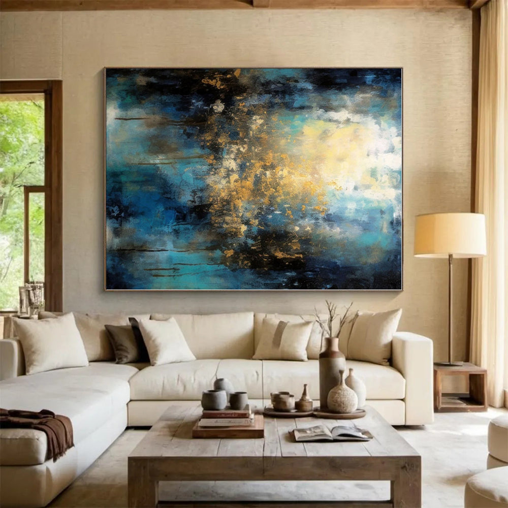 “Teal - Gold Abstract Light” - Teal, Gold, Blue Abstract Painting On Canvas PS0451