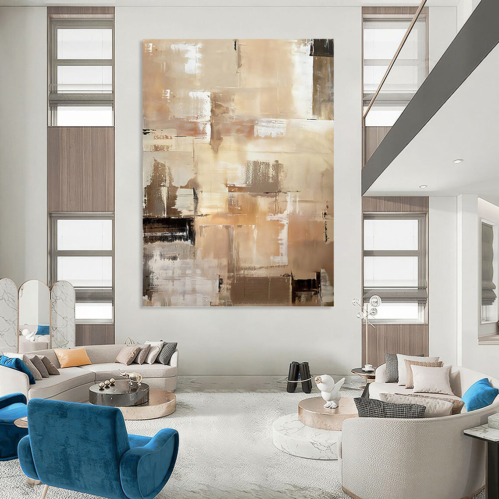 “Beige and Brown Abstract Cubist - inspired Painting” - Modern Abstract On Canvas PT0984