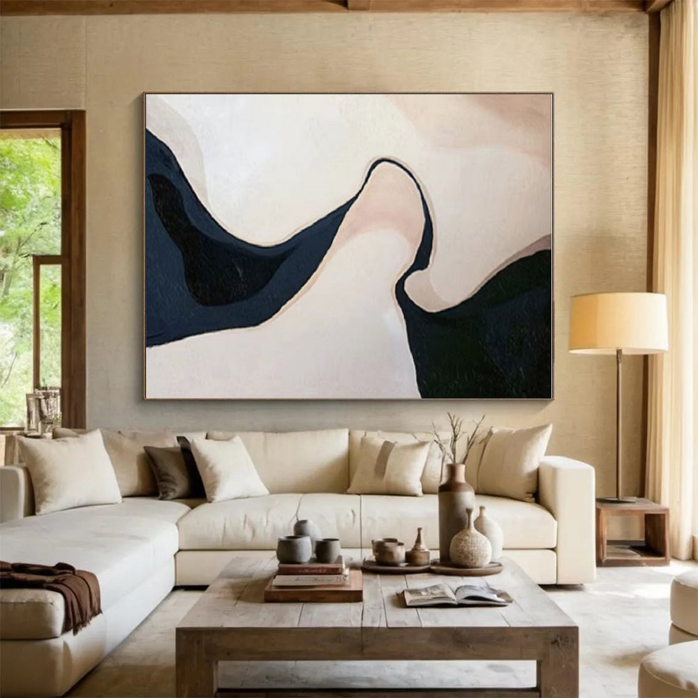 “Meandering Dark River” - Beige, Dark Blue Abstract Landscape Painting On Canvas PS0664