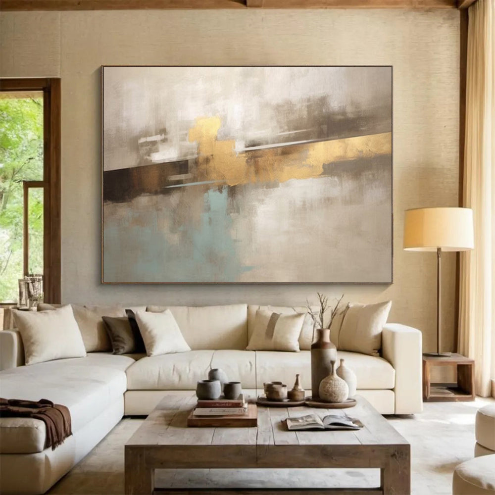 “Gold Strokes & Neutral Blends” - Abstract Color Field - Painting On Canvas PT1714