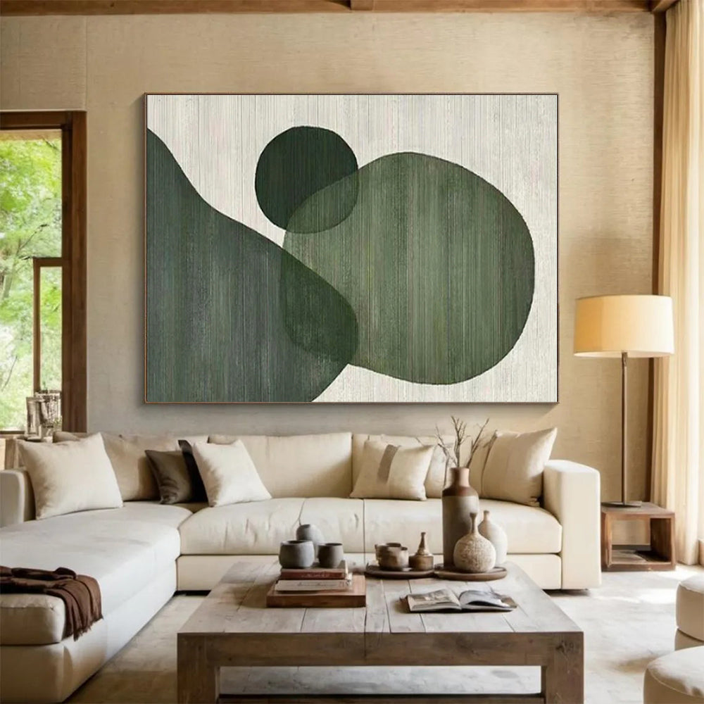 “Green Geometric Shapes” - Green, White Abstract Geometric Painting On Canvas PS0593