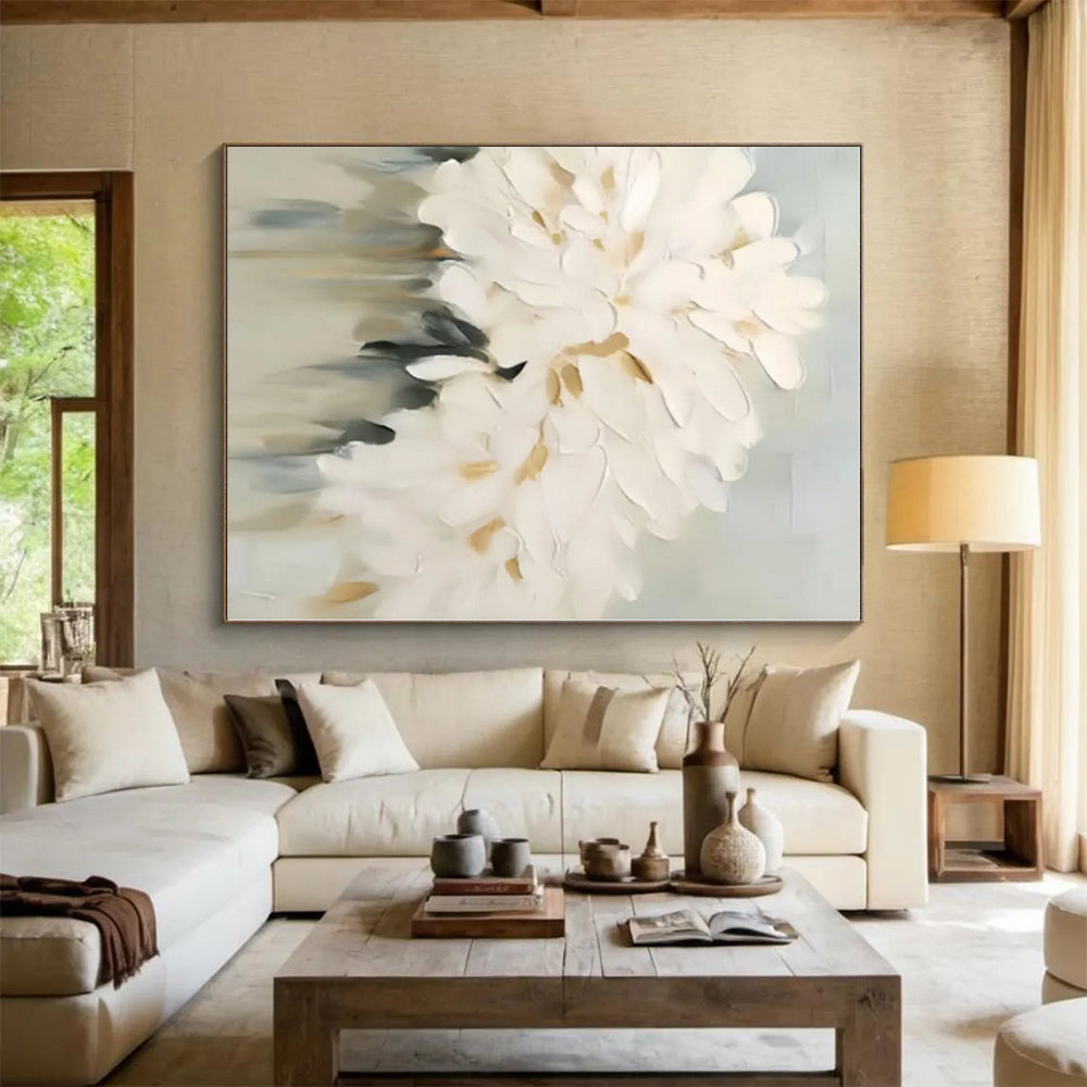 “White - Gray - Gold Floral Abstraction” - White, Gray, Gold Abstract Painting On Canvas PS0543