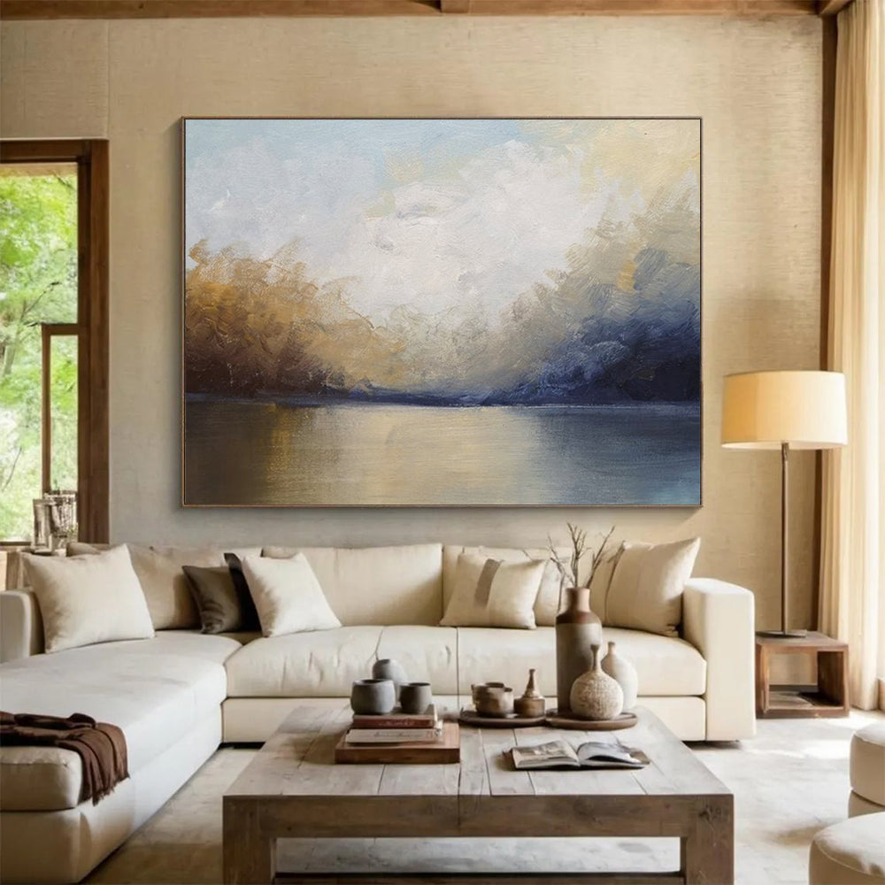 “Soft Lake Reflection in Blues and Golds” - Impressionistic Landscape Painting On Canvas PT041