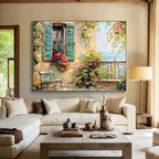 “Mediterranean Window Charm” - Green, Yellow & Red Architectural, Textured Landscape Oil Painting On Canvas DKS692