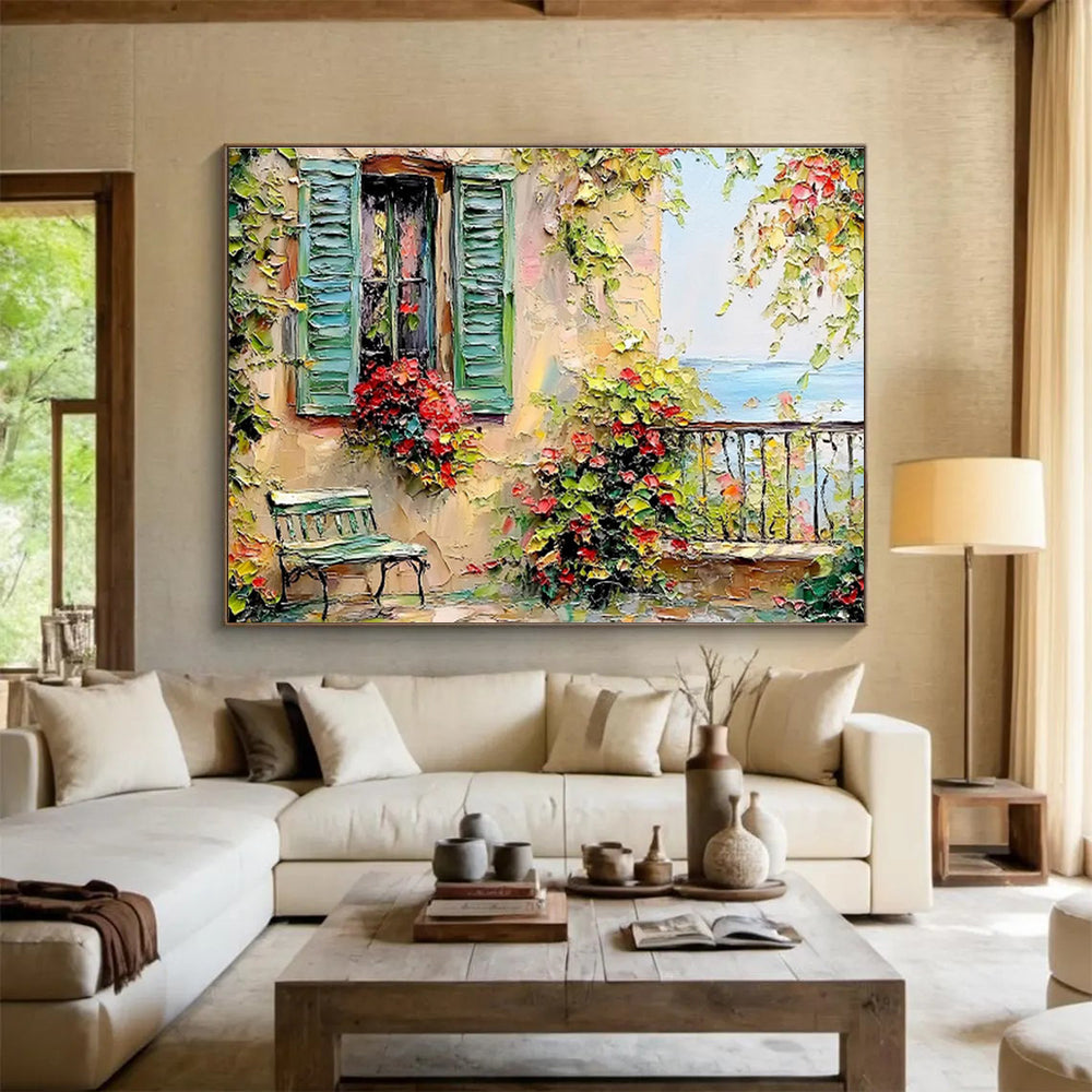 “Mediterranean Window Charm” - Green, Yellow & Red Architectural, Textured Landscape Oil Painting On Canvas DKS692