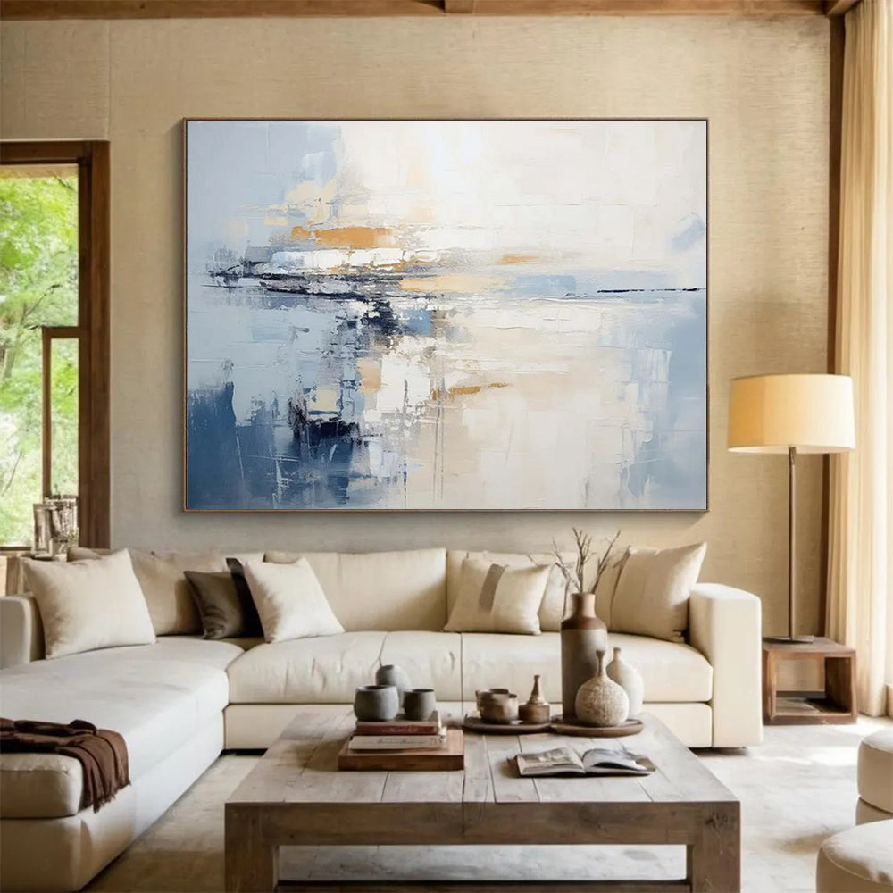 “Blue and Beige Abstract Horizon” - Minimalist Landscape Painting On Canvas PT090