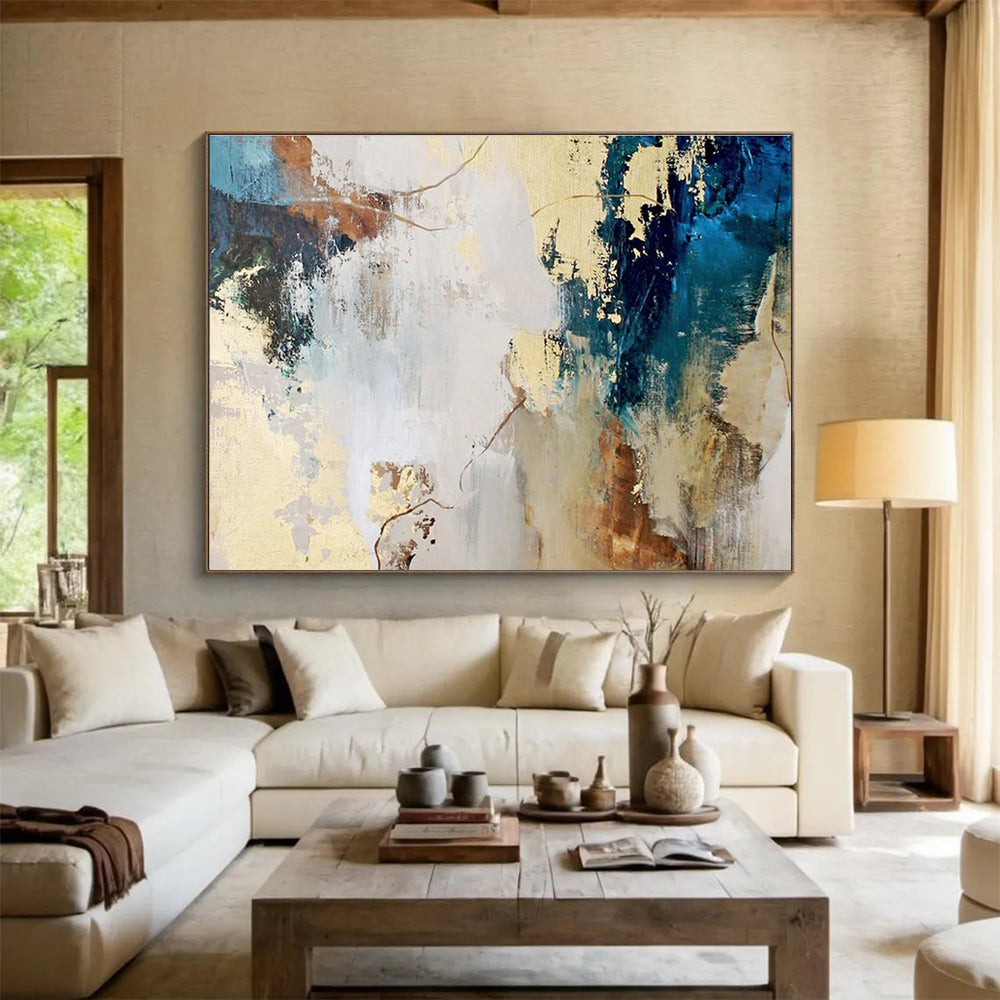 “Blue And Gold Abstract Interplay” - Luxe Abstract Painting On Canvas DKS512