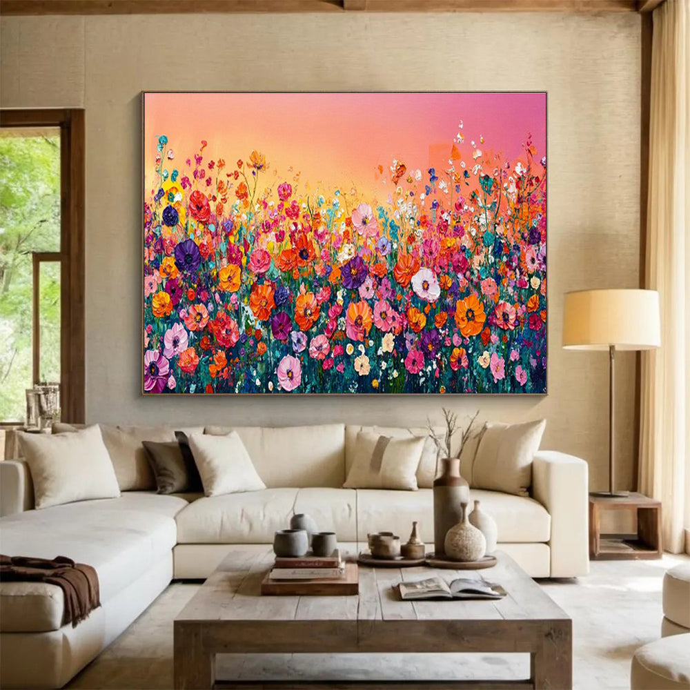 Rainbow Meadow - Vibrant Floral Oil Painting, Great for Game Room & Outdoor Lounge DKS680