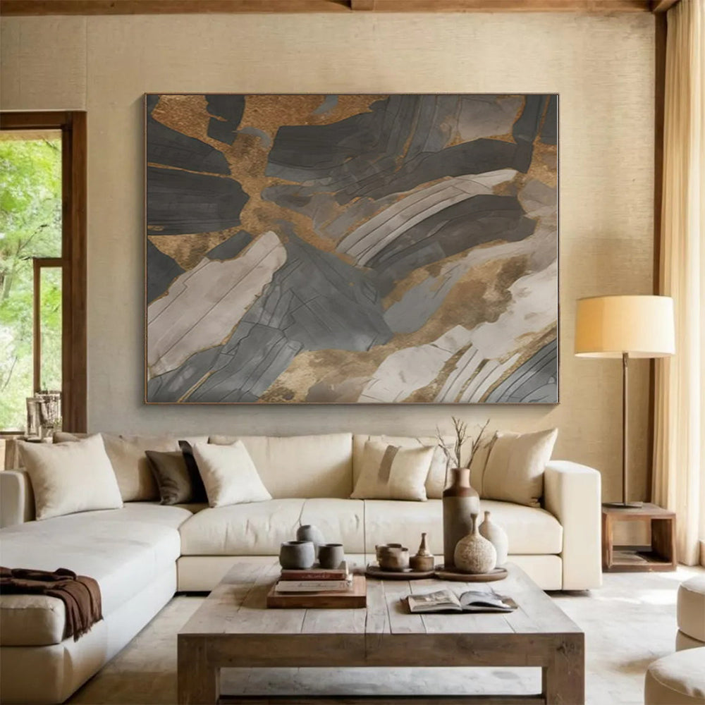 Gray, Gold & Black Abstract Shards "Urban Relic" Painting On Canvas PS0849
