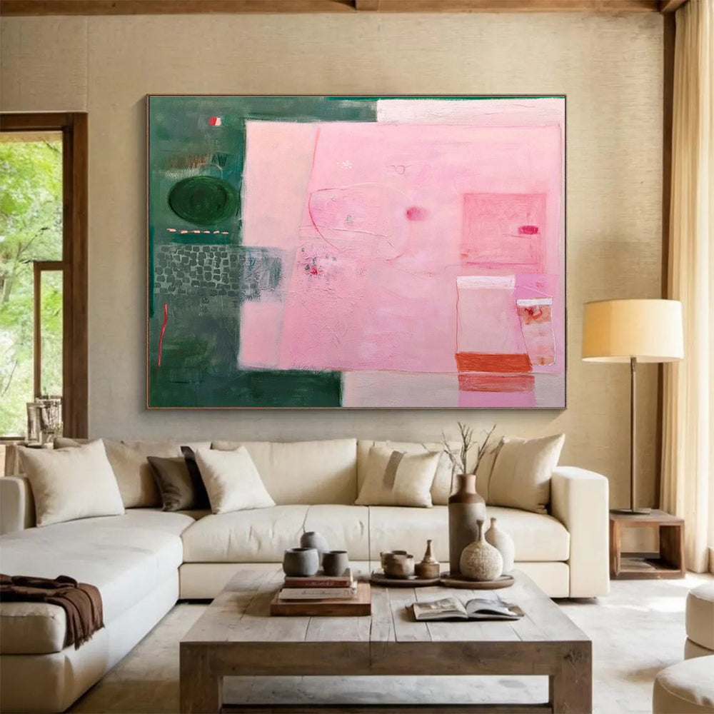 Pink & Green Abstract Composition Painting On Canvas DKS060
