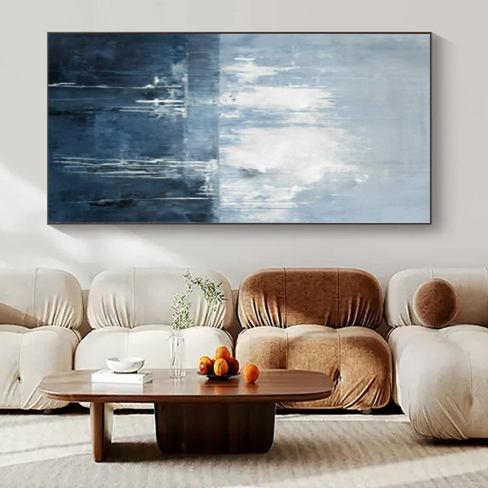 Blue, Gray and White with Flowing Drips "Oceanic Drift" Abstract Painting On Canvas PS1138