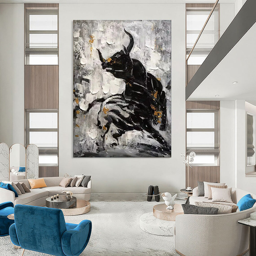 “Black - White - Gold Bull Abstract” - Expressionist Animal Painting On Canvas PT1968