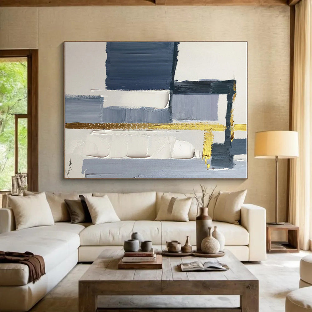 “Blue - Gold Geometric Fusion” - Blue, Gold, Gray Abstract Painting On Canvas PS0514