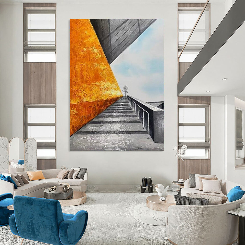 “Orange Wall & Stairway” - Architectural Abstract Painting On Canvas DS281