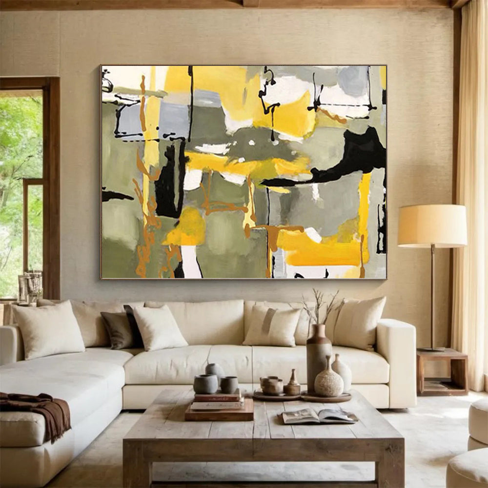 “Yellow - Grey Abstract Dynamic Shapes” - Lively Abstract Painting On Canvas PS0344