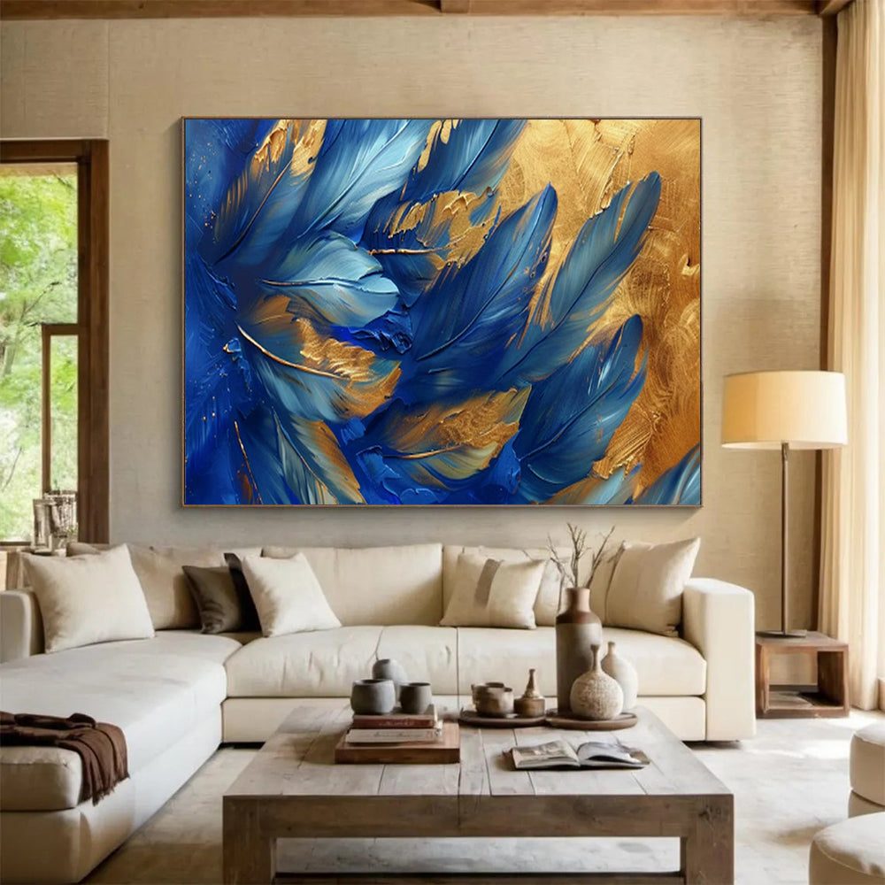 “Blue Feathers & Gold Highlights” - Abstract Nature - Painting On Canvas PT1708