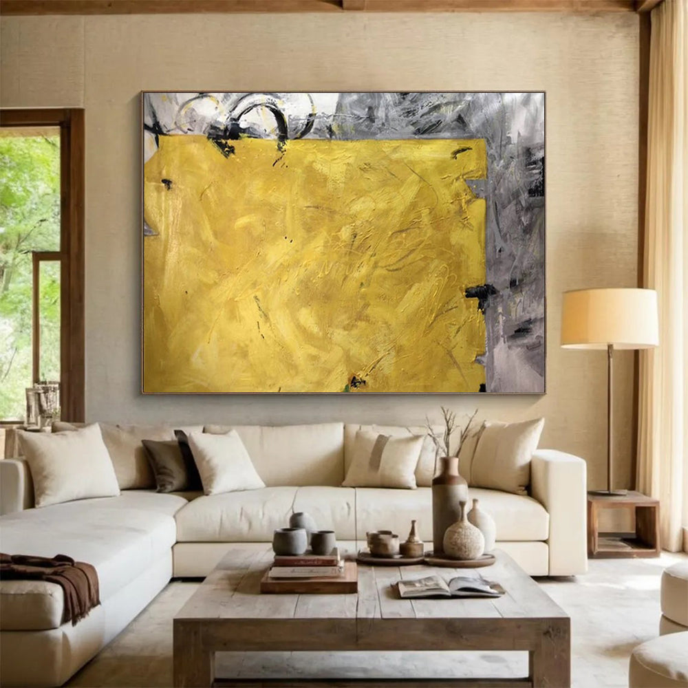 “Bold Yellow and Gray Abstract” - Striking Abstract Painting On Canvas PT153