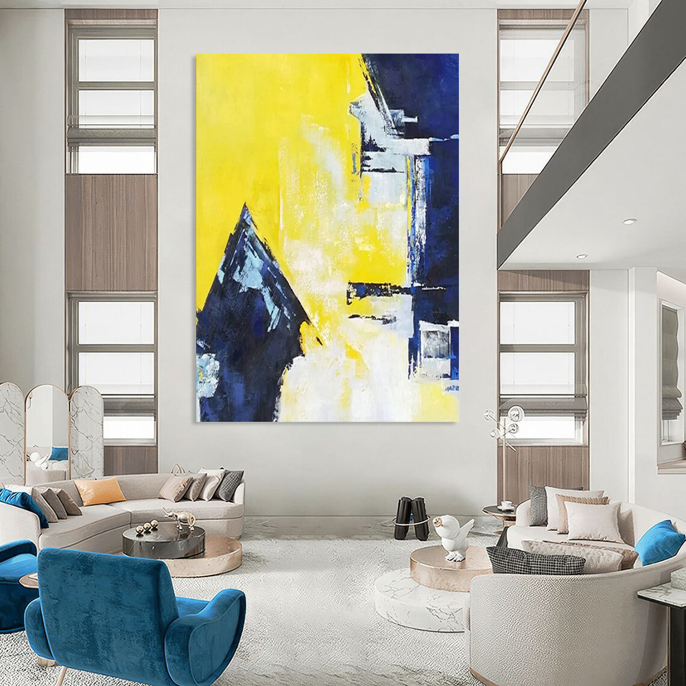 “Yellow - Blue Geometric” - Modernist Abstract Painting On Canvas PT2304