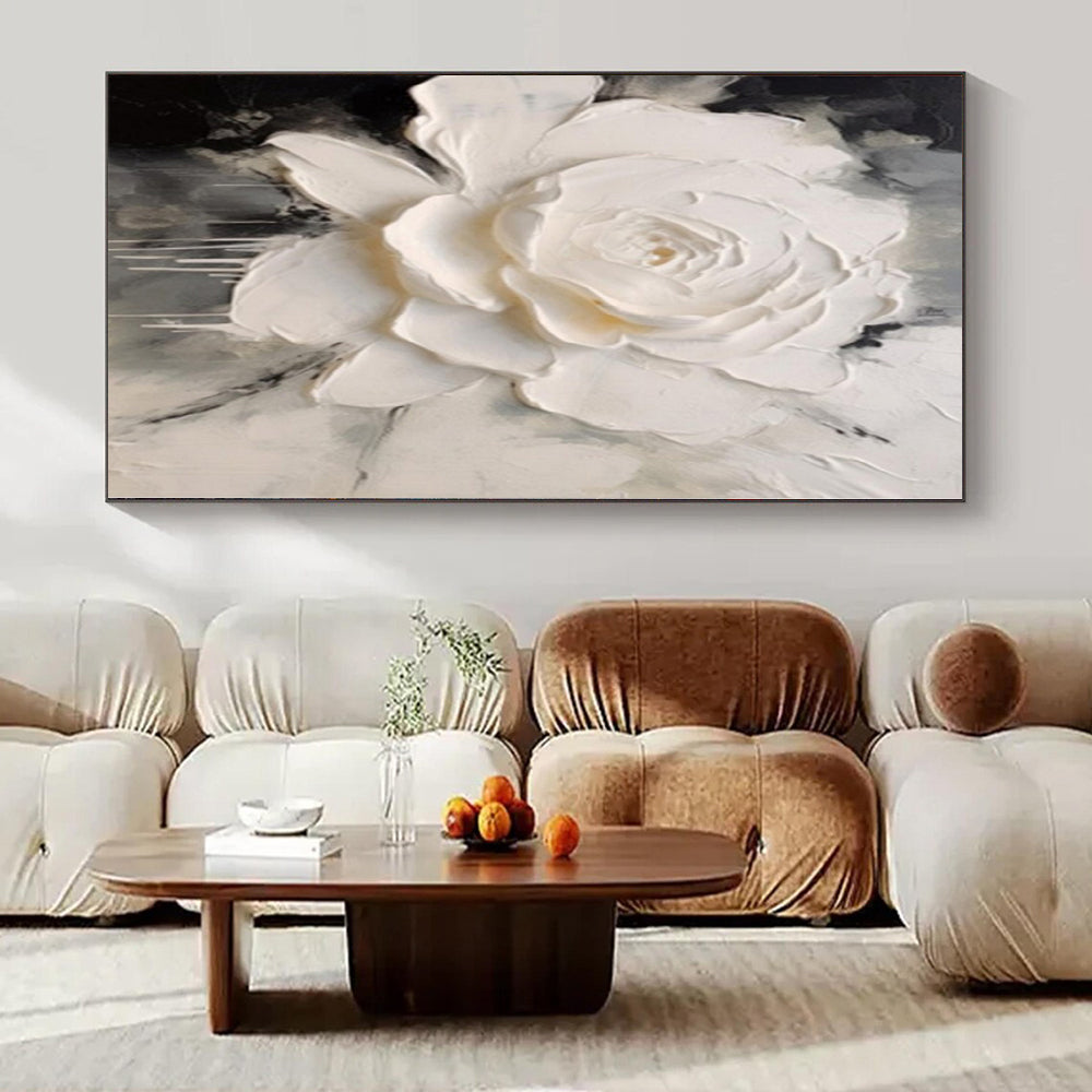 White, Gray with Textured Flower "Sculpted Petals" Impasto Floral Painting On Canvas PS1202