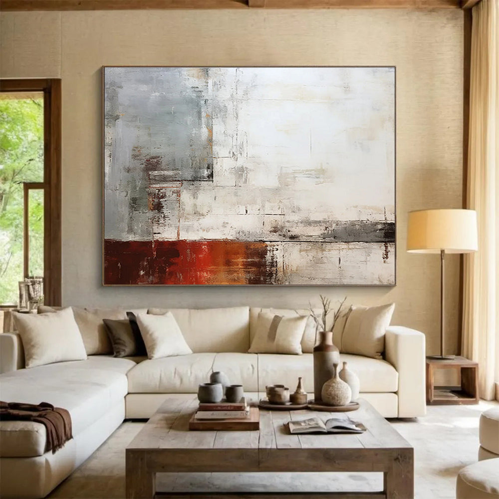 Grey, White & Red Abstract Composition Painting On Canvas DKS043