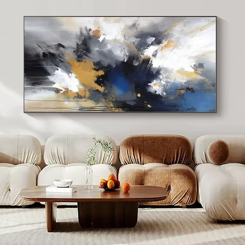 Blue, Gold, and Gray Explosion - Dynamic Abstract Painting On Canvas PS1253