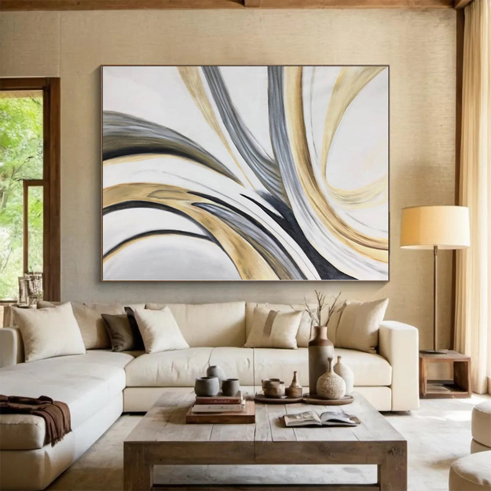 “Flowing Gold - Grey - White Abstract Ribbons” - Elegant Abstract Painting On Canvas PS0320