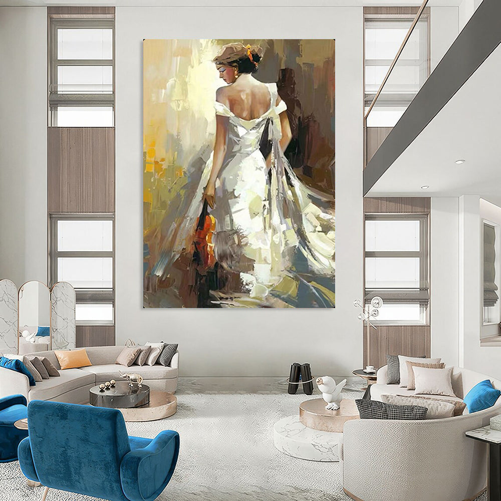 “Woman in White Gown with Violin” - Expressive Oil Painting On Canvas PT2175