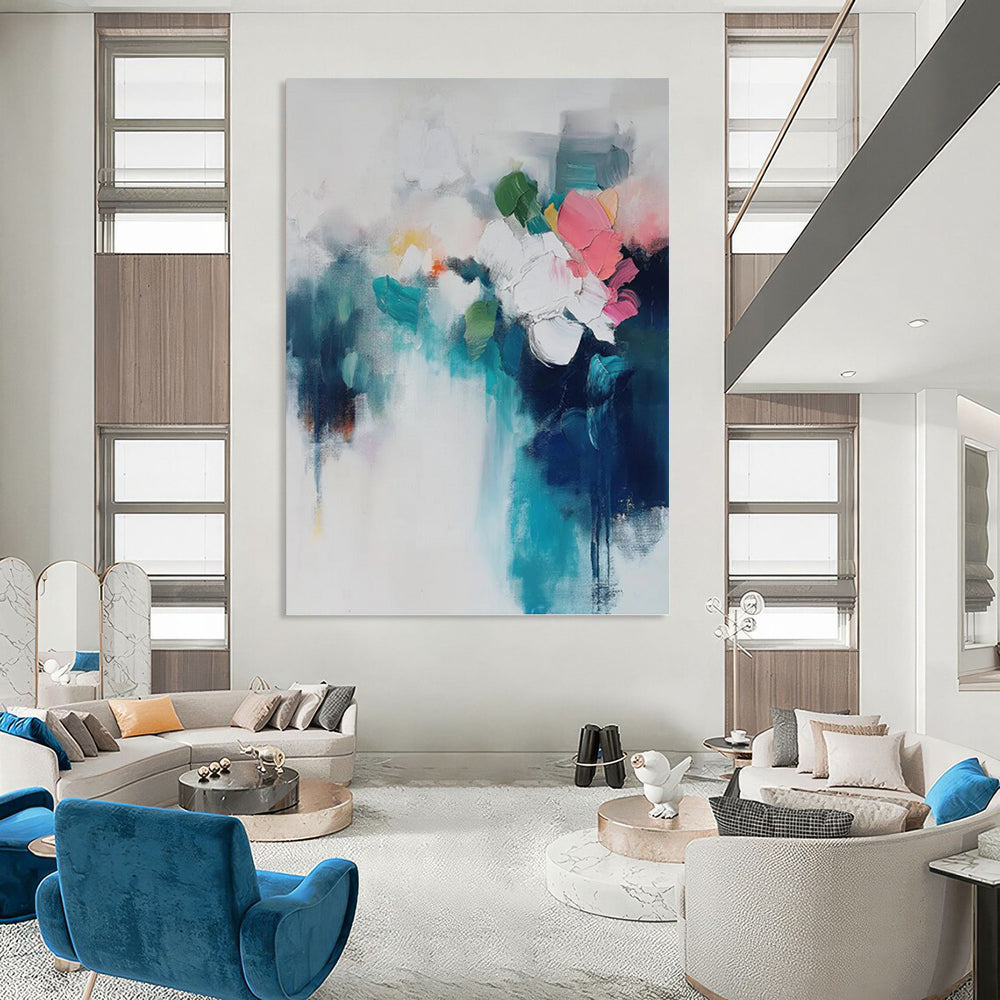 “Blue, White and Pink Floral Abstract” - Impressionistic Flower Painting On Canvas PT0996