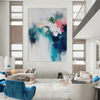 “Blue, White and Pink Floral Abstract” - Impressionistic Flower Painting On Canvas PT0996