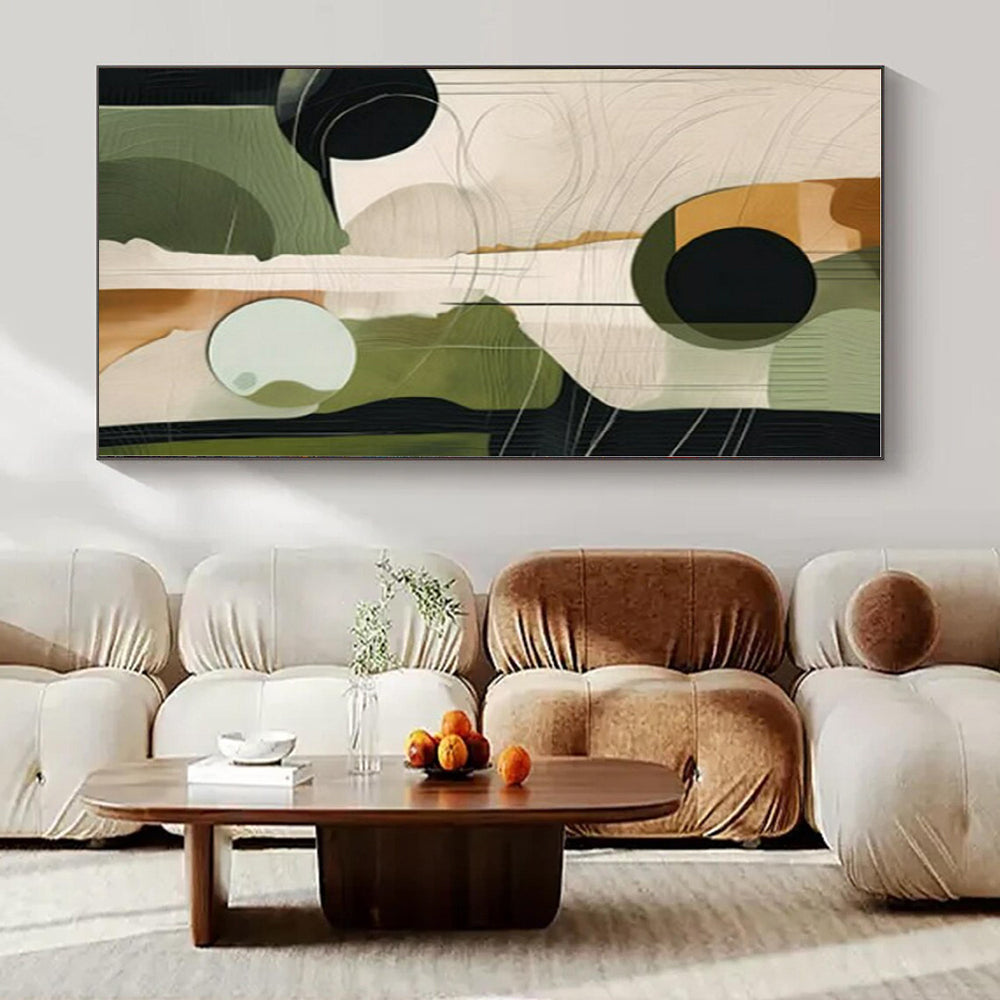 Green, Beige, Black with Geometric Forms "Geometric Growth" Abstract Painting On Canvas PS1276